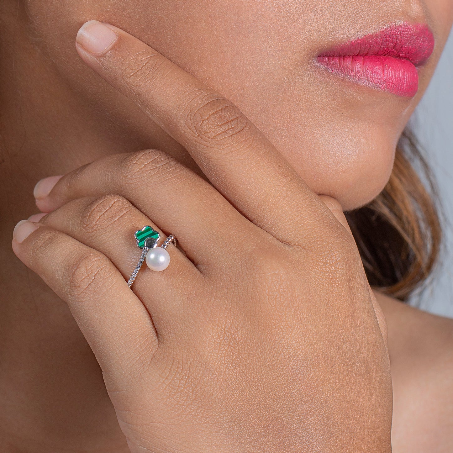 Silver Stacking Rings with Green Enamel and Pearl