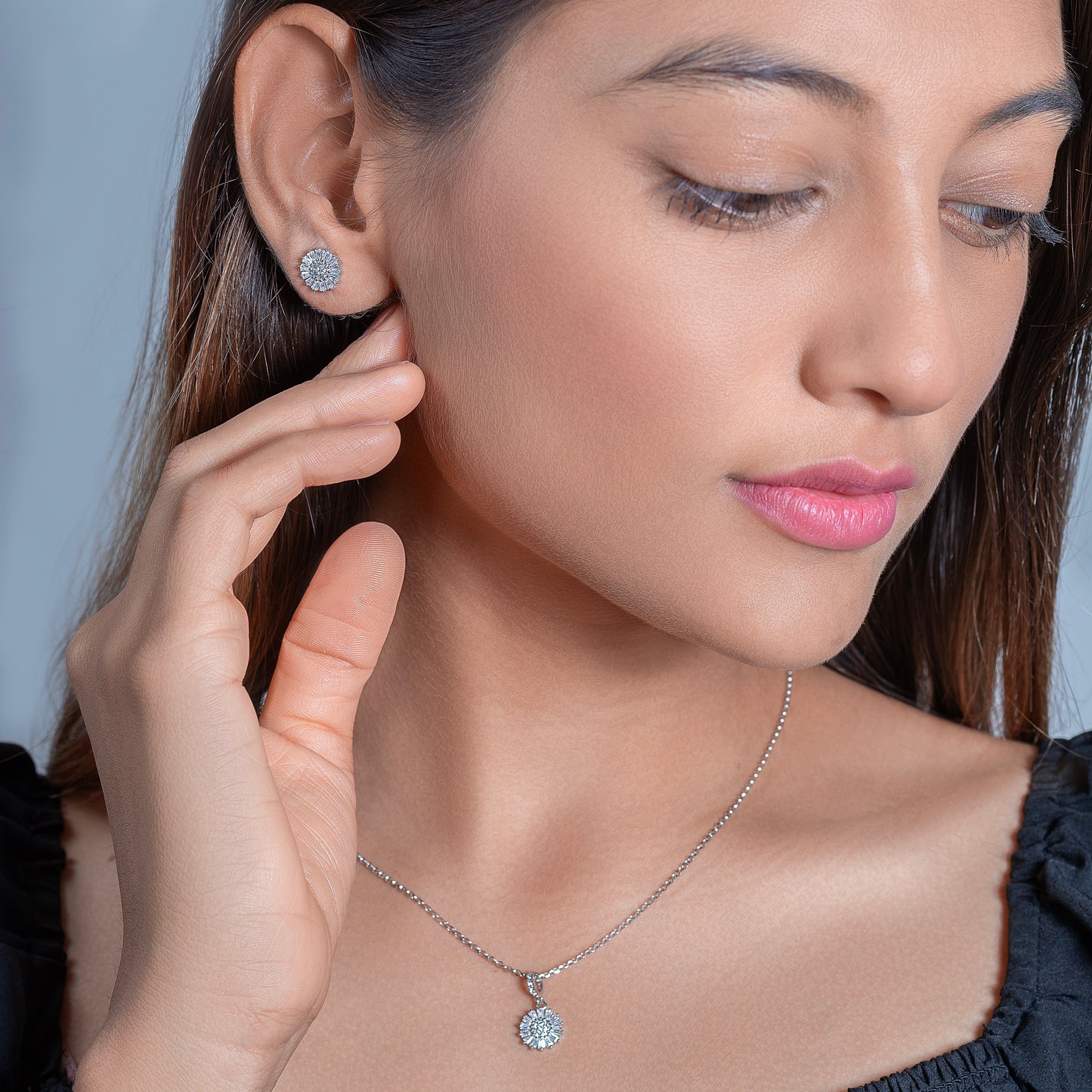 Silver Sunburst Pendant and Earring Set with Diamonds