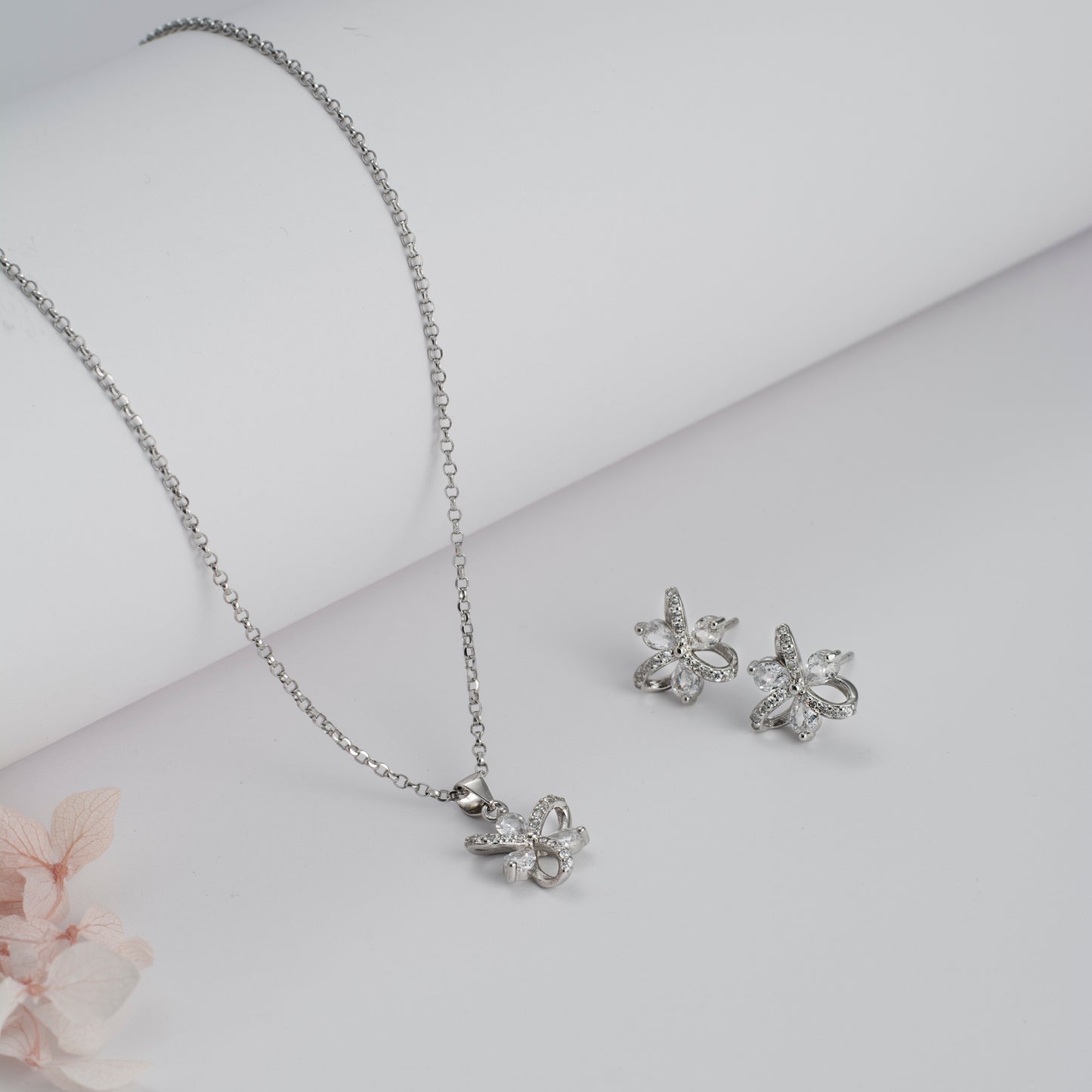 Silver Butterfly Pendant and Earring Set with Diamond Accents