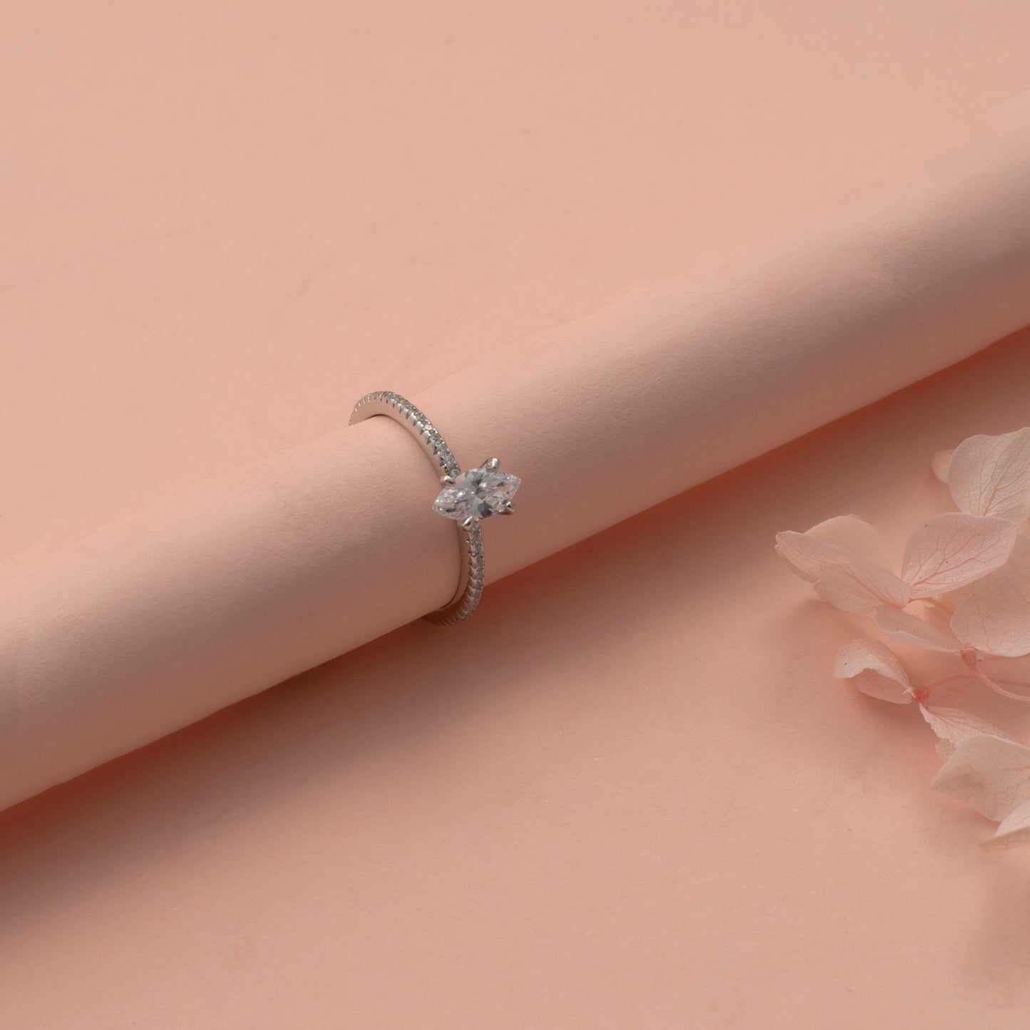 Silver Marquise Diamond Ring with Pave Setting