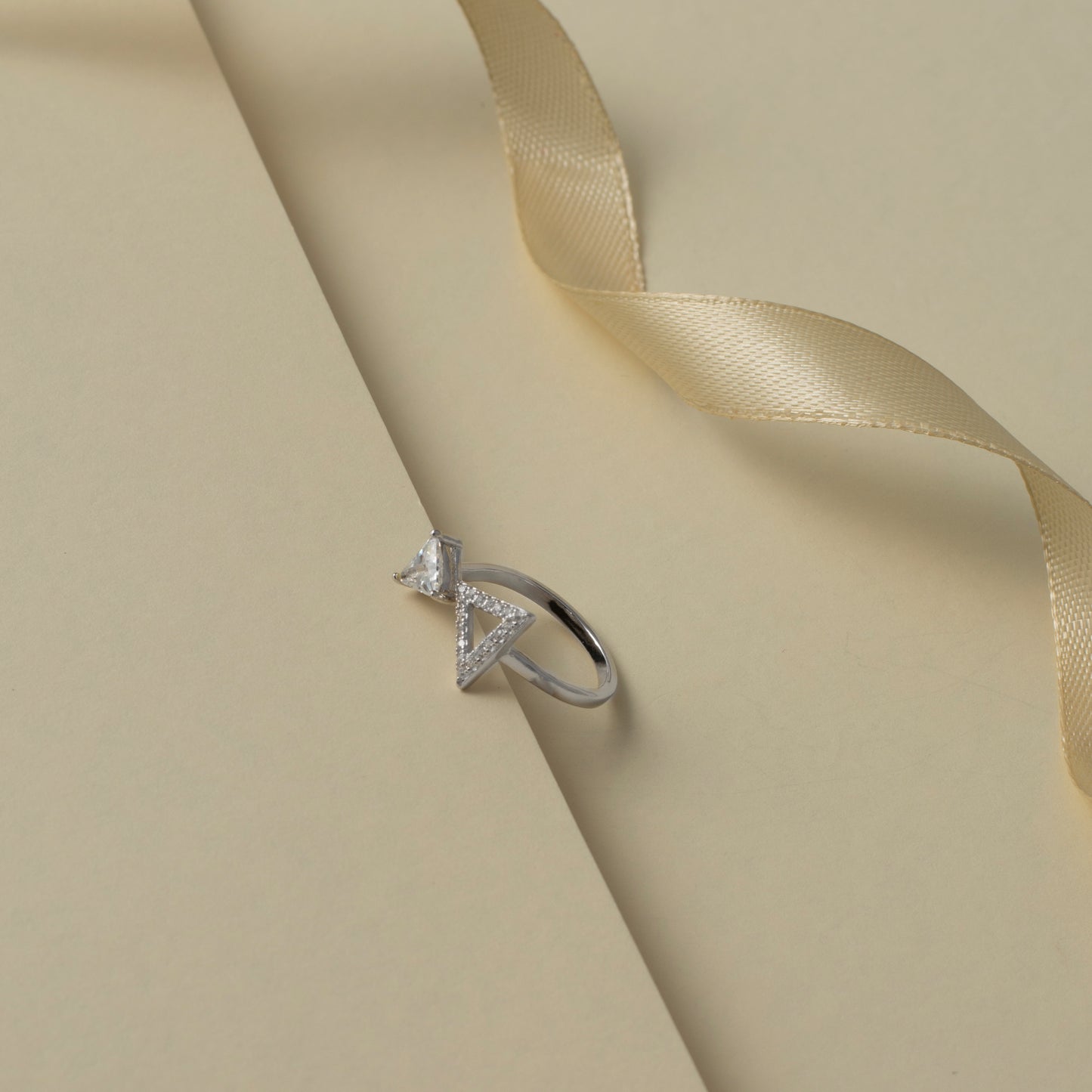 Silver Geometric Triangle Ring with Diamond Accents