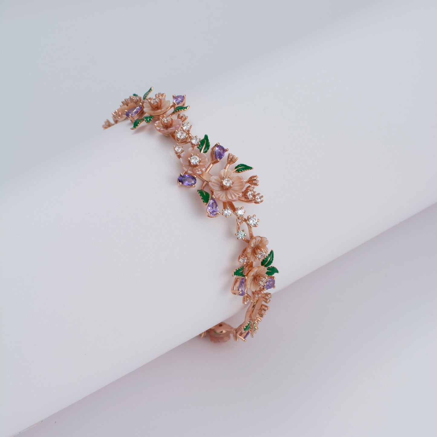 Rose Gold Floral Bracelet with Amethyst and Enamel Accents
