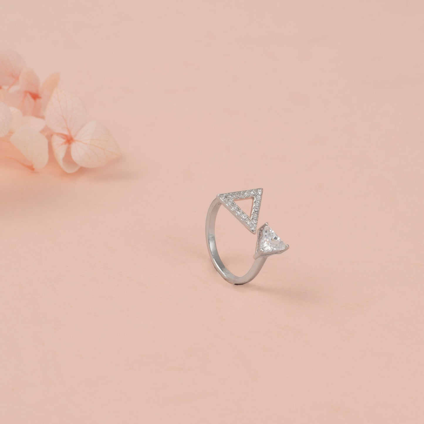 Silver Geometric Triangle Ring with Diamond Accents