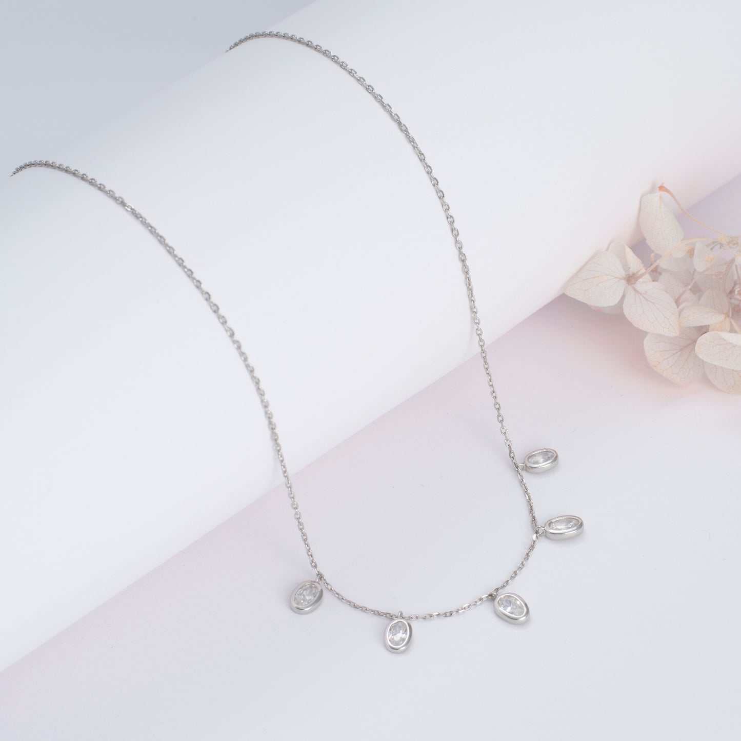 Silver Multi-Oval Crystal Charm Chain Pendent
