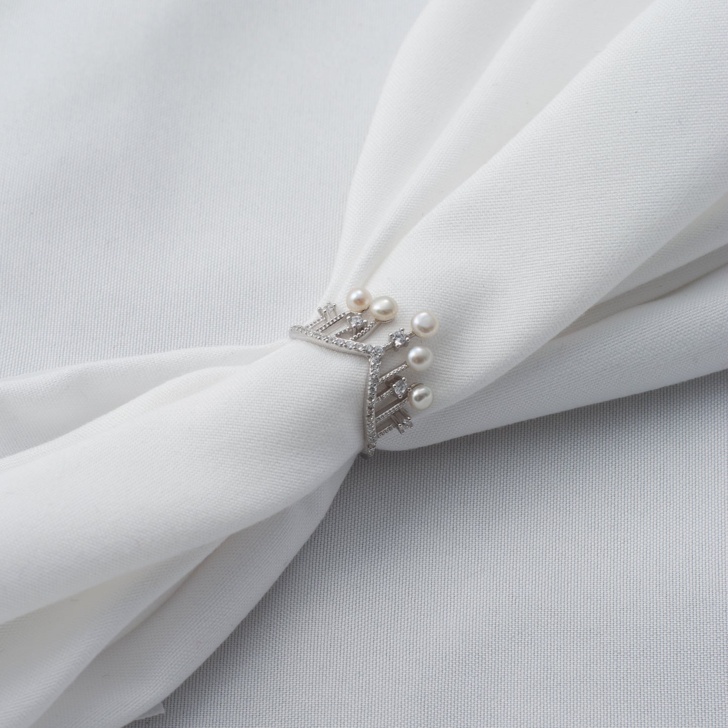 Silver Crown Ring with Pearls and Diamonds