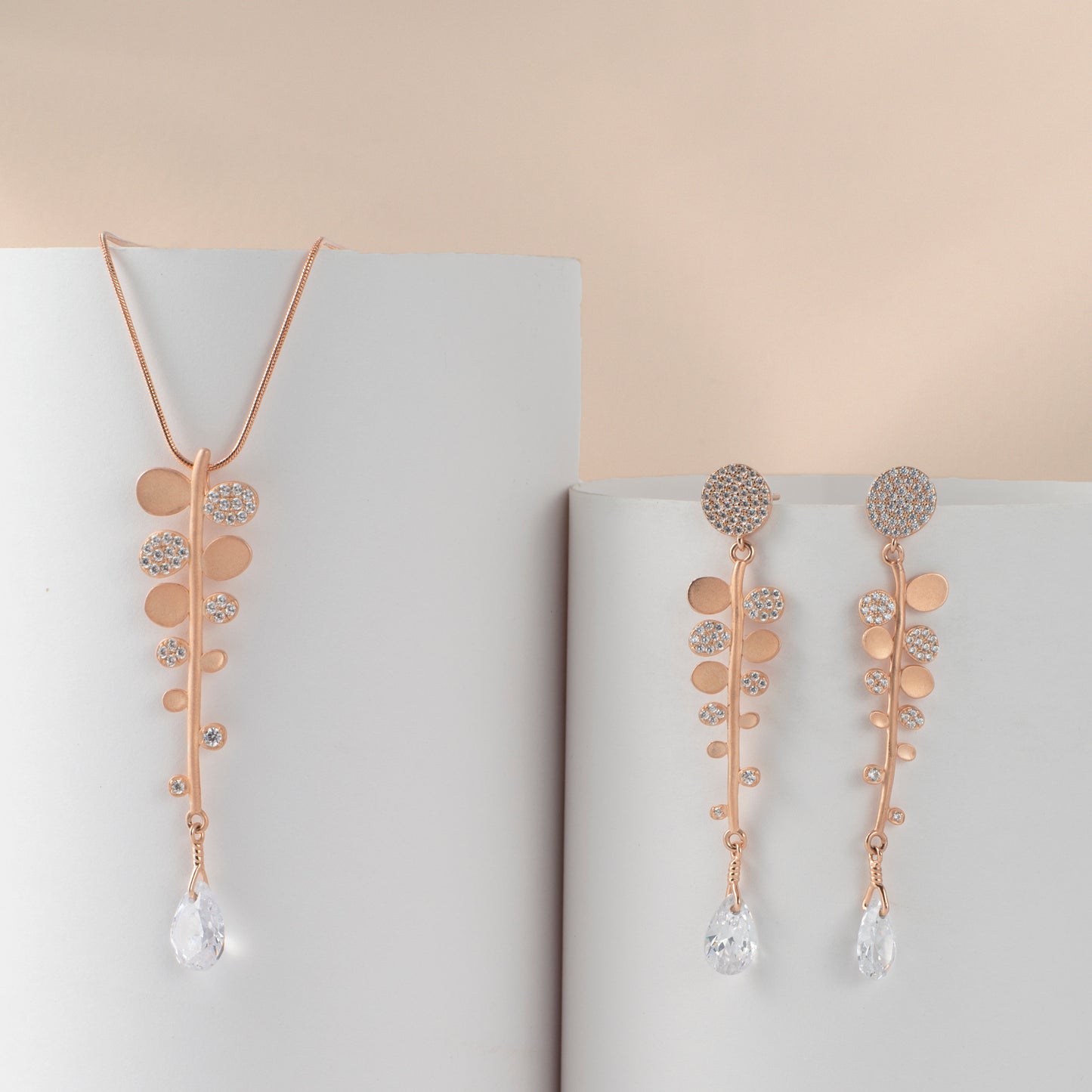 Rose Gold Vine Drop Pendant and Earring Set with Crystal Accents
