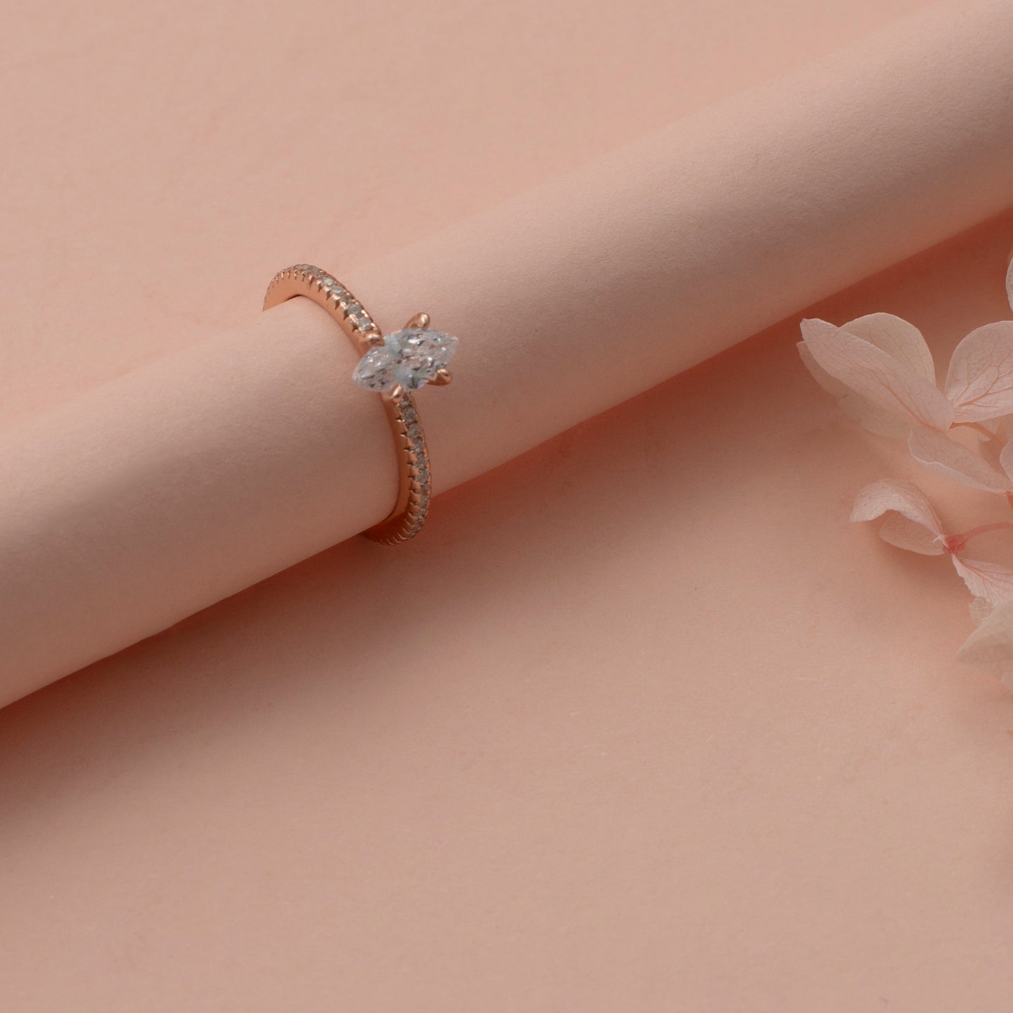 Rose Gold Marquise Diamond Ring with Pave Setting