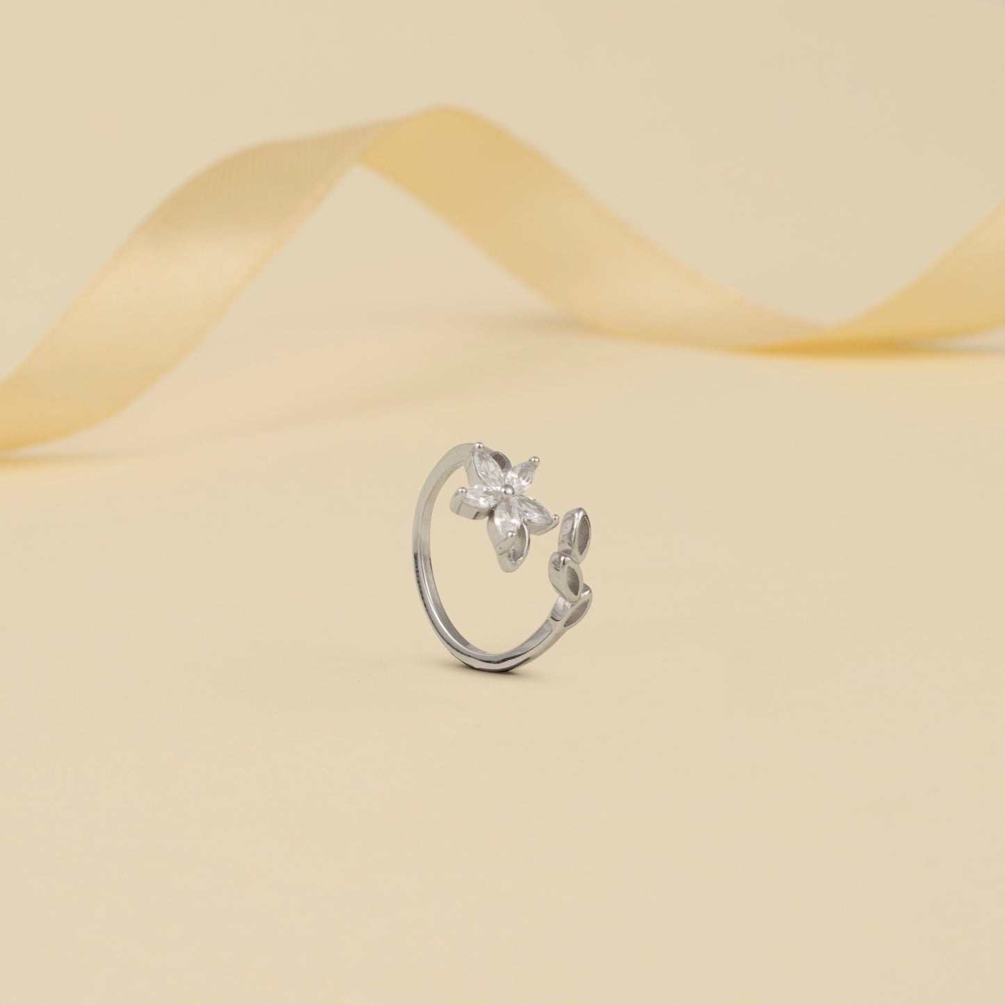 Silver Floral Knot Ring with Marquise Diamonds