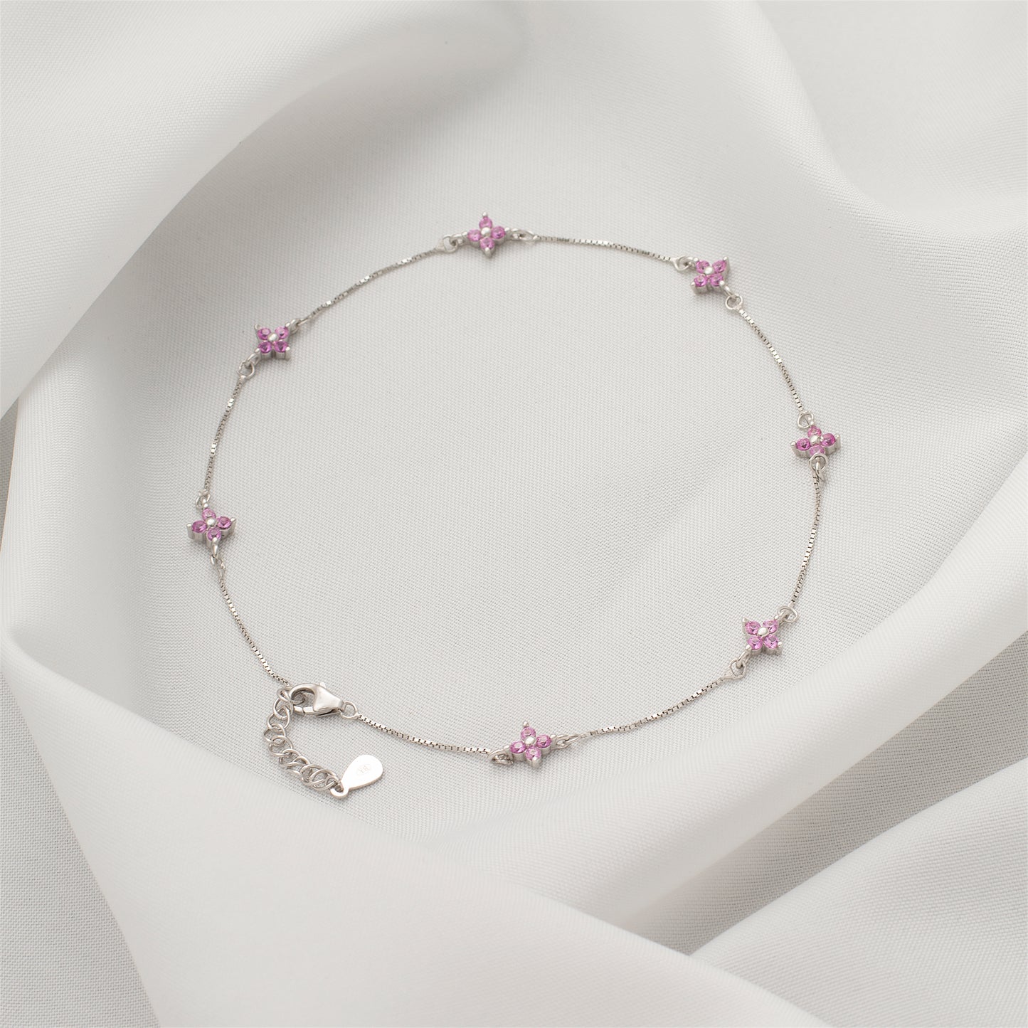 Silver Anklet with Pink Diamond Floral Charm