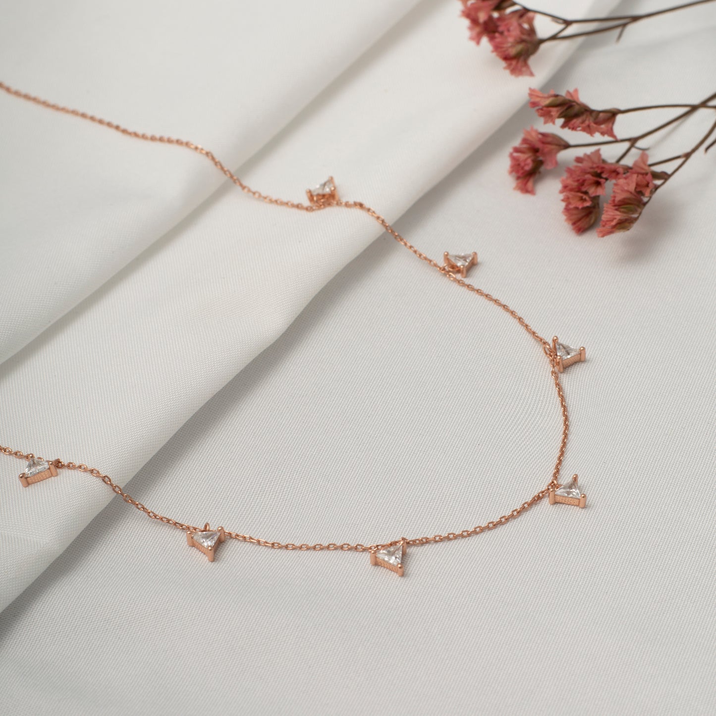Rose Gold Chain Pendent with Trillion-Cut Clear Gemstones