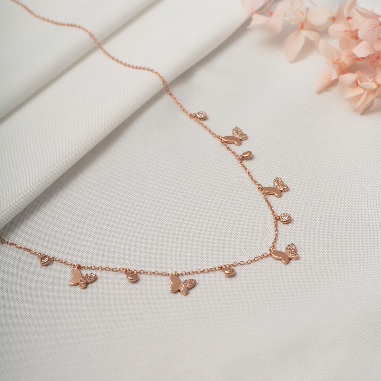 Rose Gold Butterfly and Crystal Charm Chain Pendent