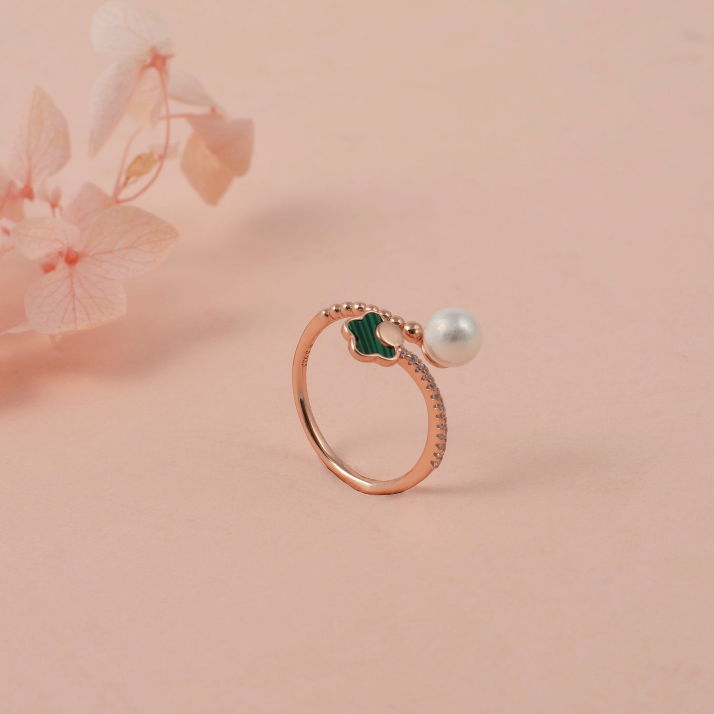 Rose Gold Stacking Rings with Green Enamel and Pearl