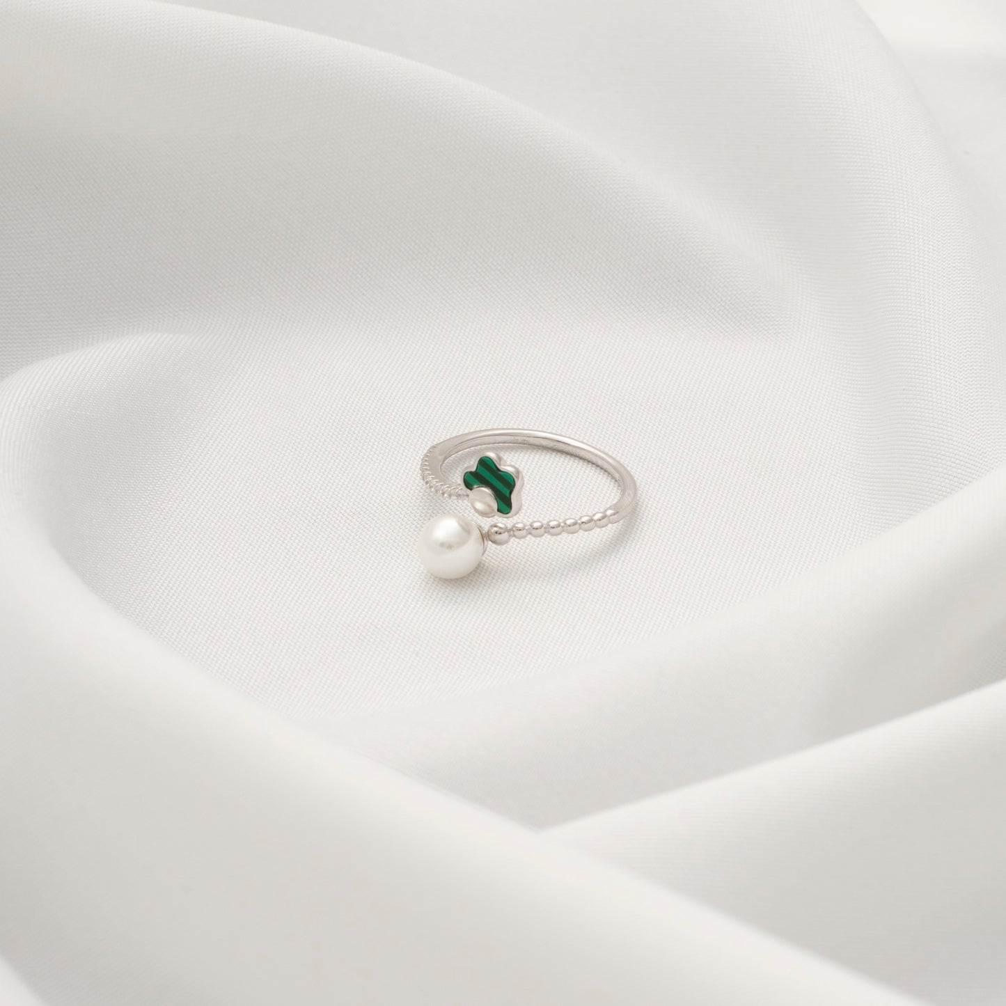 Silver Stacking Rings with Green Enamel and Pearl