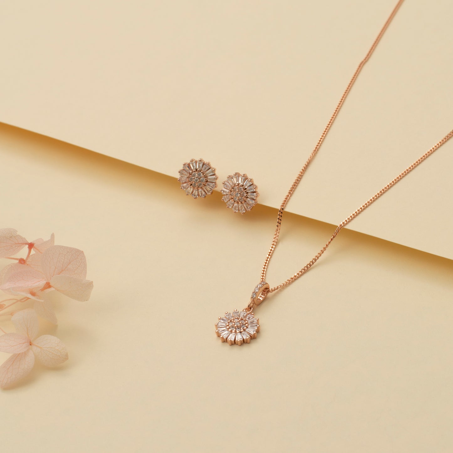 Rose Gold Sunburst Pendant and Earring Set with Diamonds