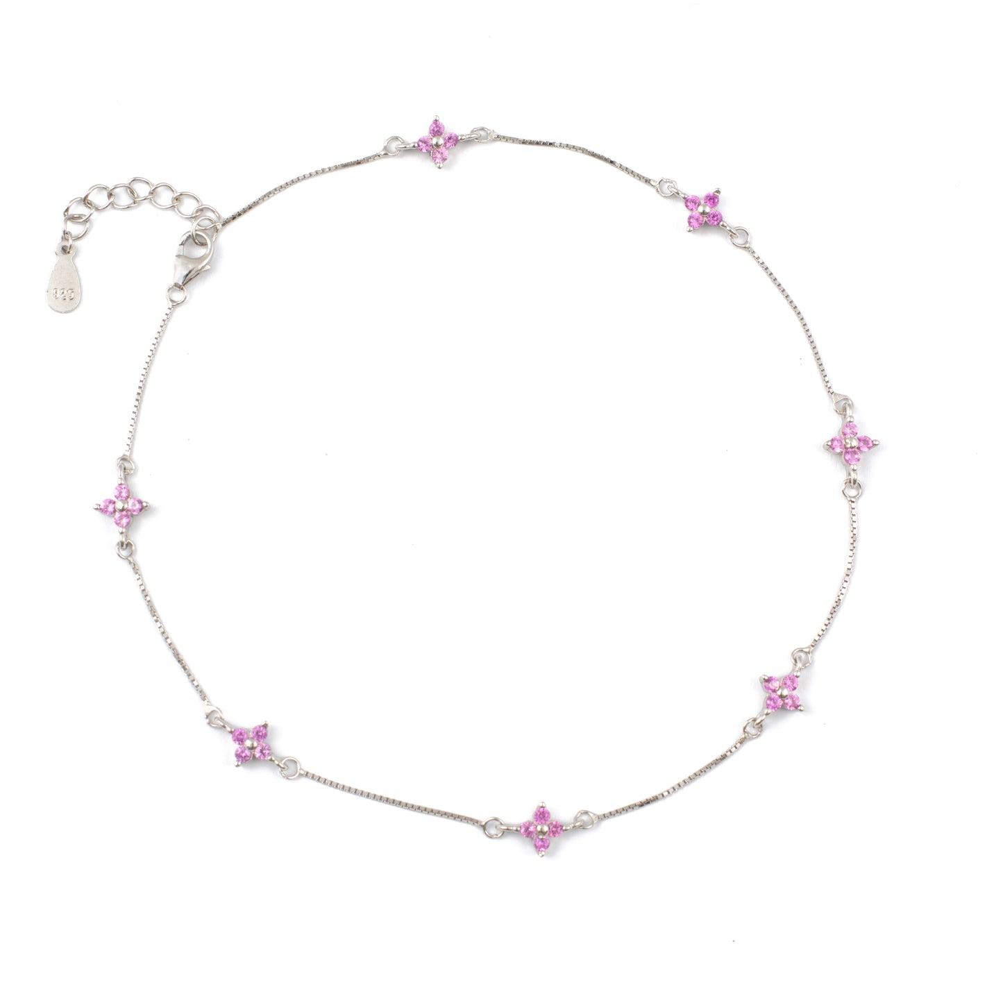 Silver Anklet with Pink Diamond Floral Charm