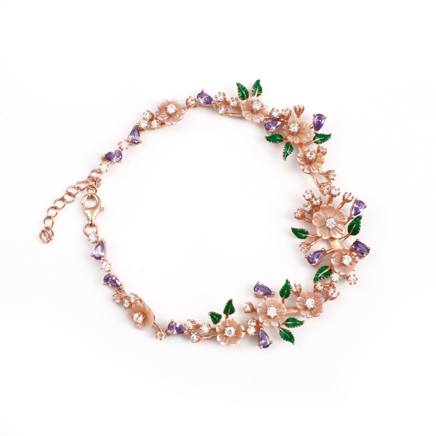 Rose Gold Floral Bracelet with Amethyst and Enamel Accents