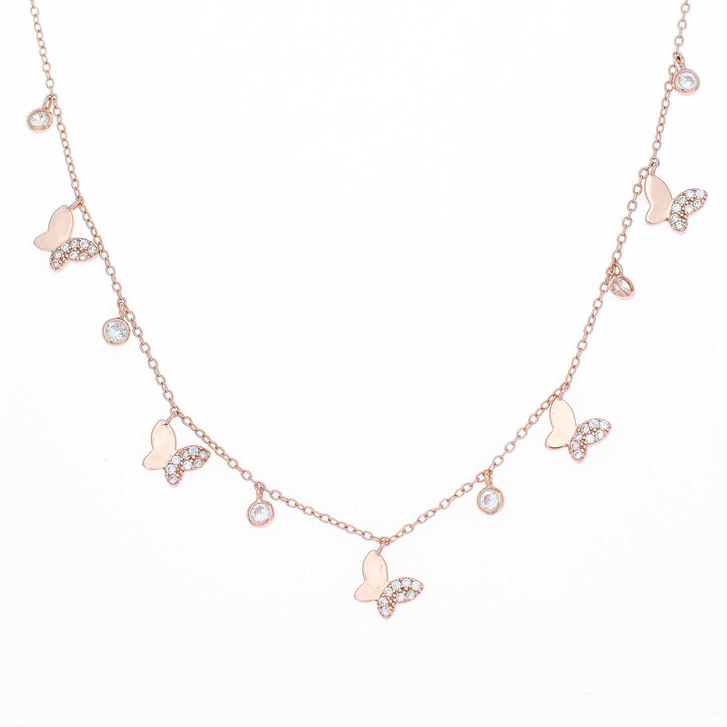 Rose Gold Butterfly and Crystal Charm Chain Pendent