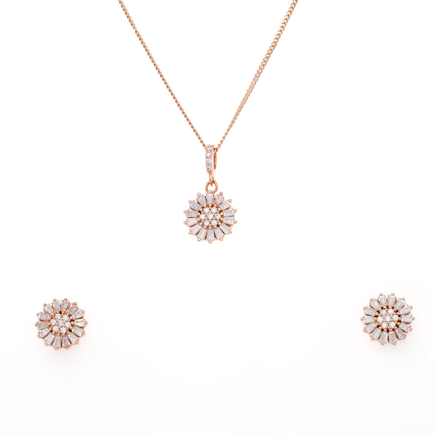 Rose Gold Sunburst Pendant and Earring Set with Diamonds