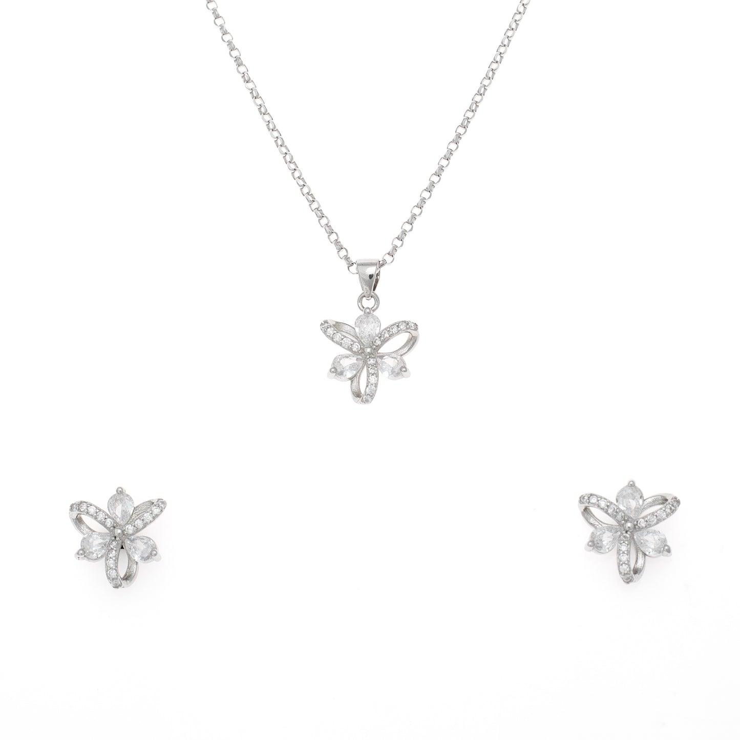 Silver Butterfly Pendant and Earring Set with Diamond Accents
