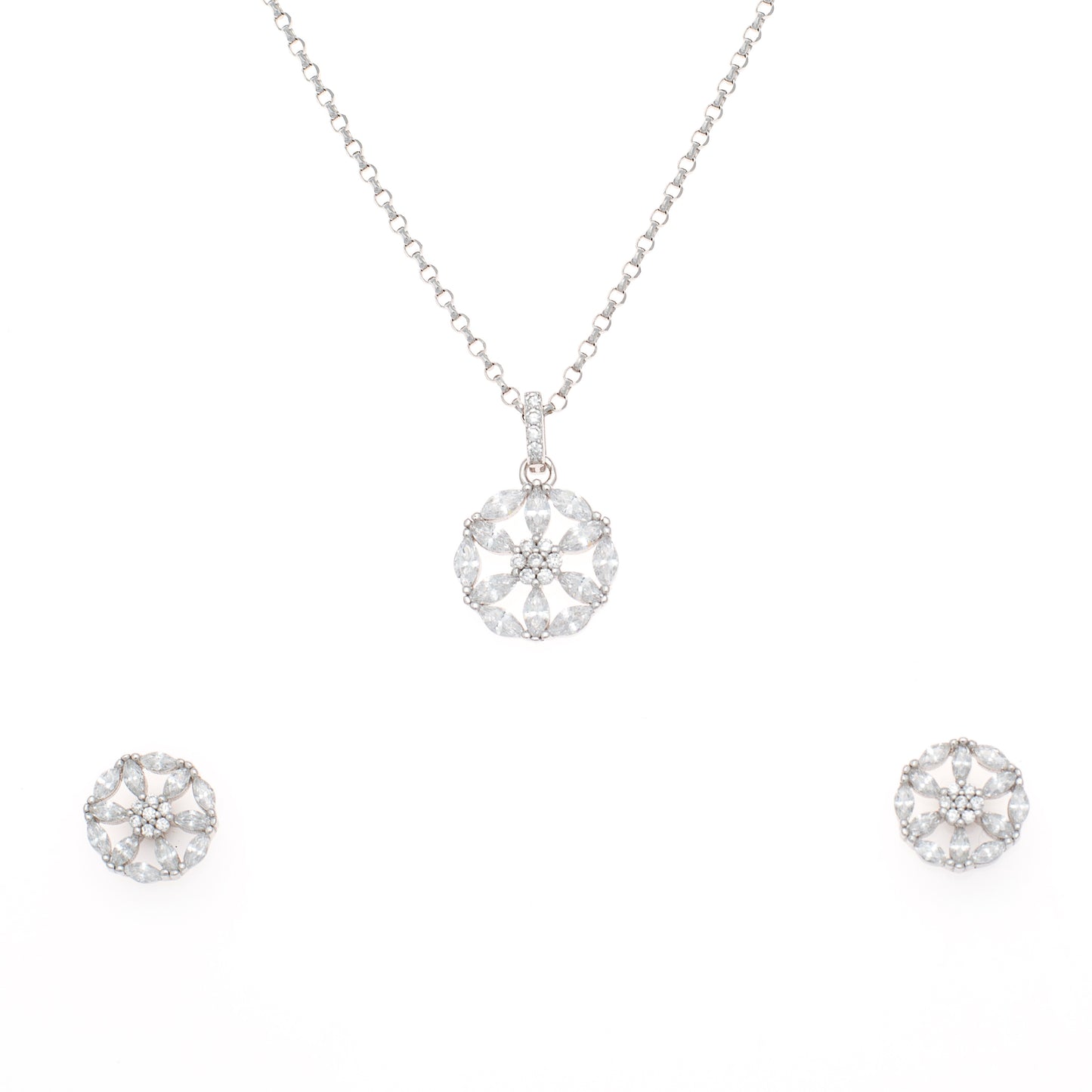 Silver Snowflake Pendant and Earring Set with Crystal Accents