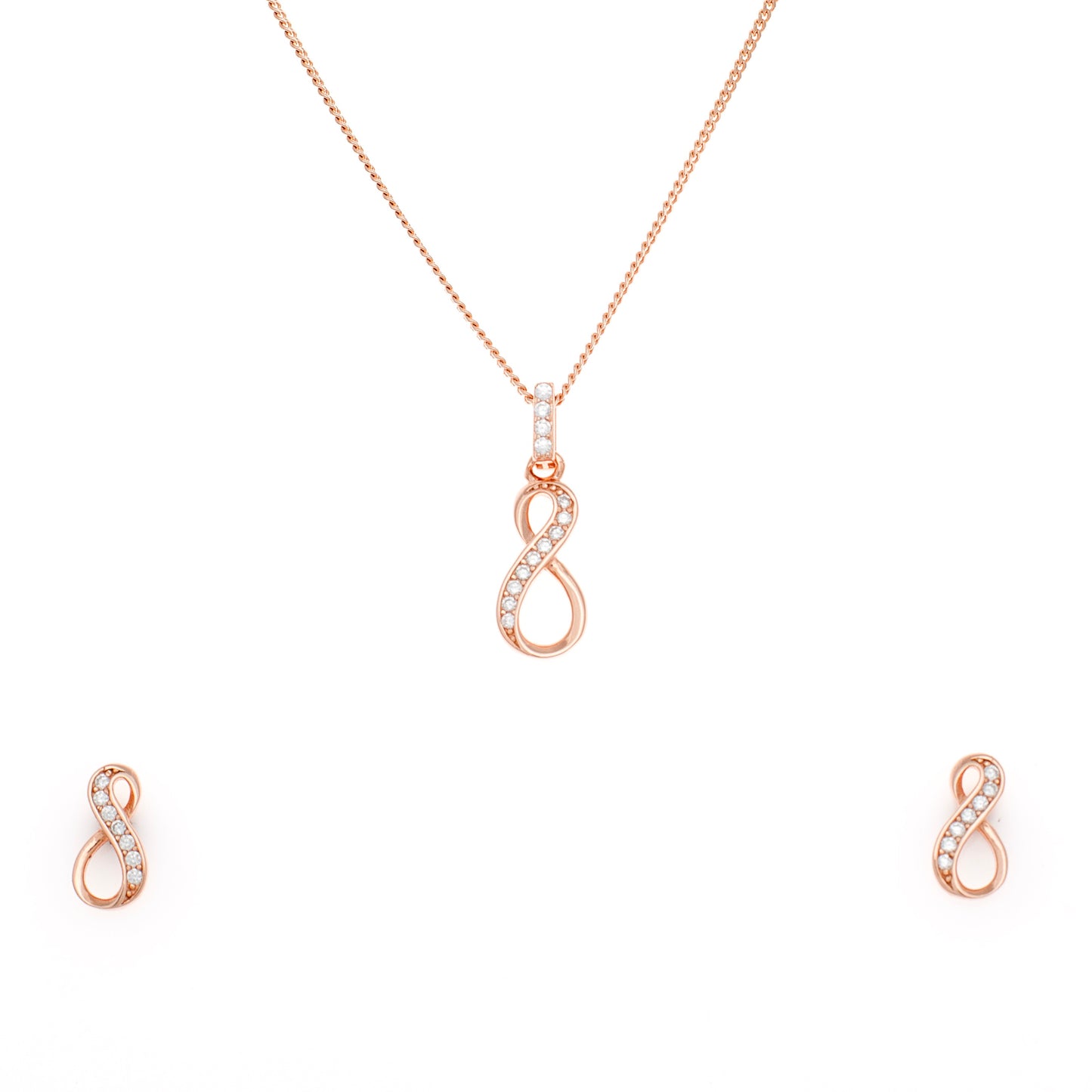 Rose Gold Infinity Pendant and Earring Set with Diamond Accents