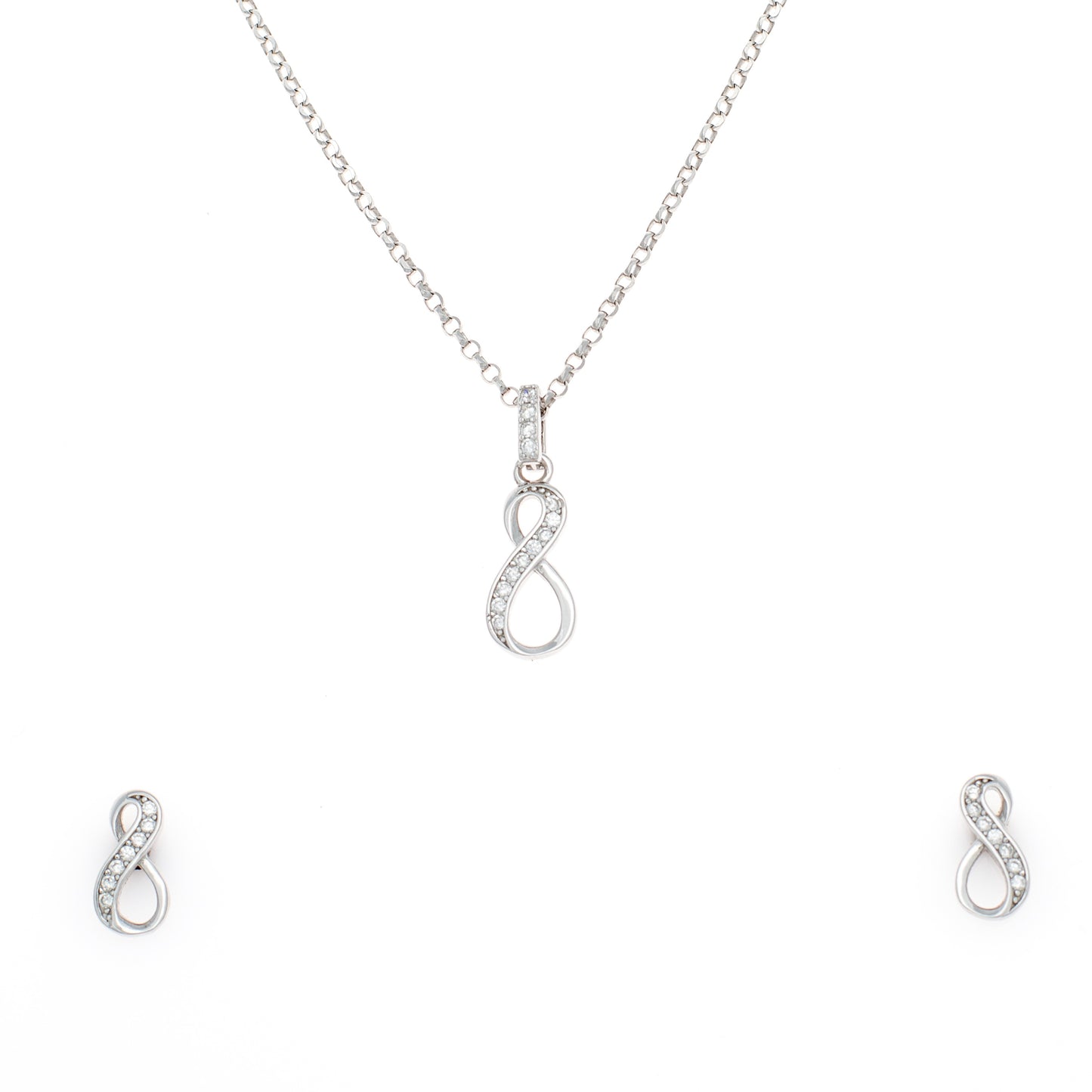 Silver Infinity Pendant and Earring Set with Diamond Accents