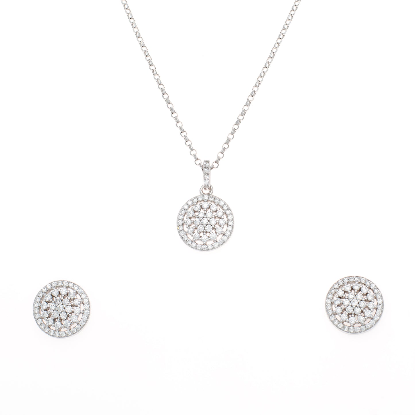 Silver Pave Diamond Disc Pendant and Earring Set