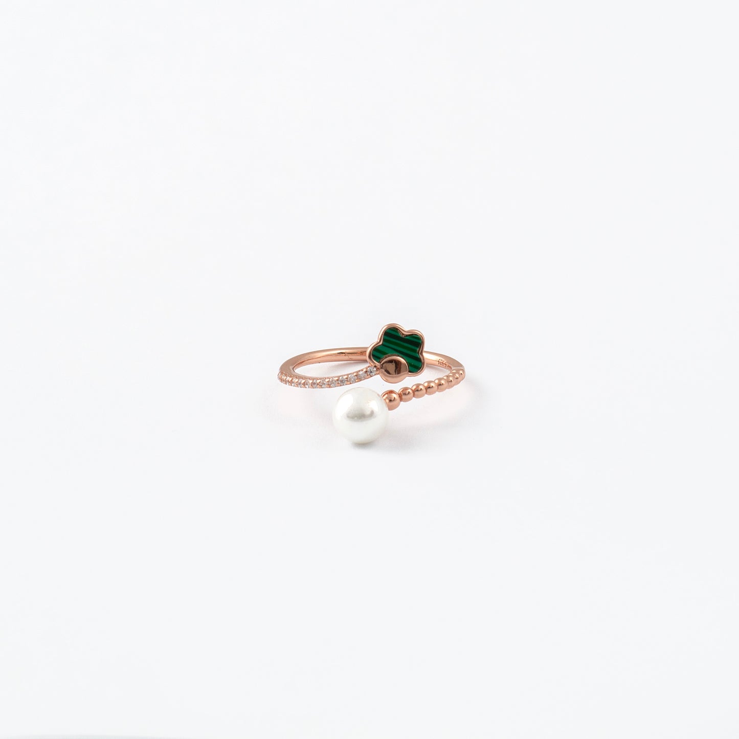 Rose Gold Stacking Rings with Green Enamel and Pearl