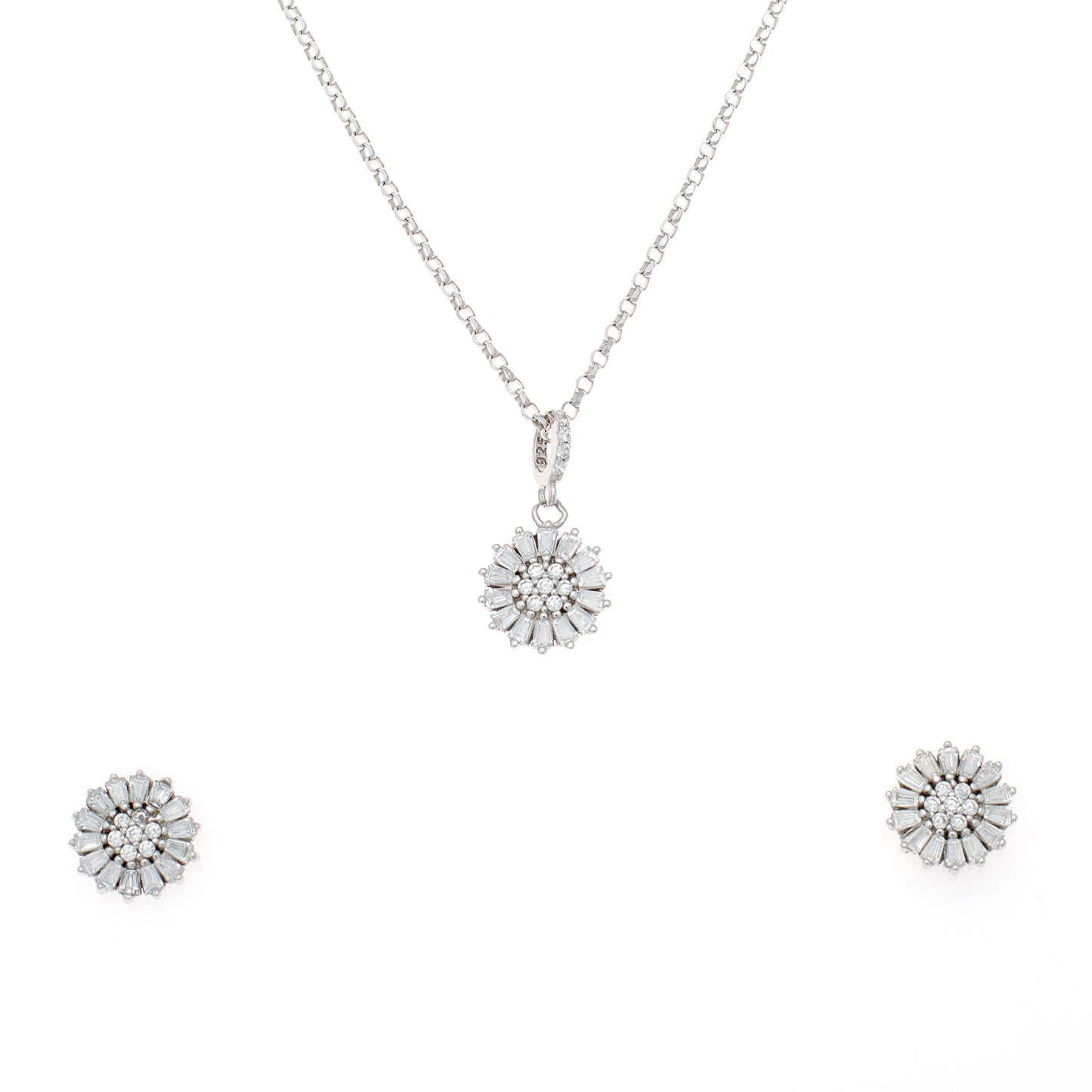 Silver Sunburst Pendant and Earring Set with Diamonds