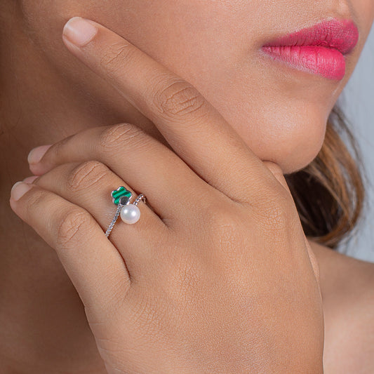 Silver Stacking Rings with Green Enamel and Pearl
