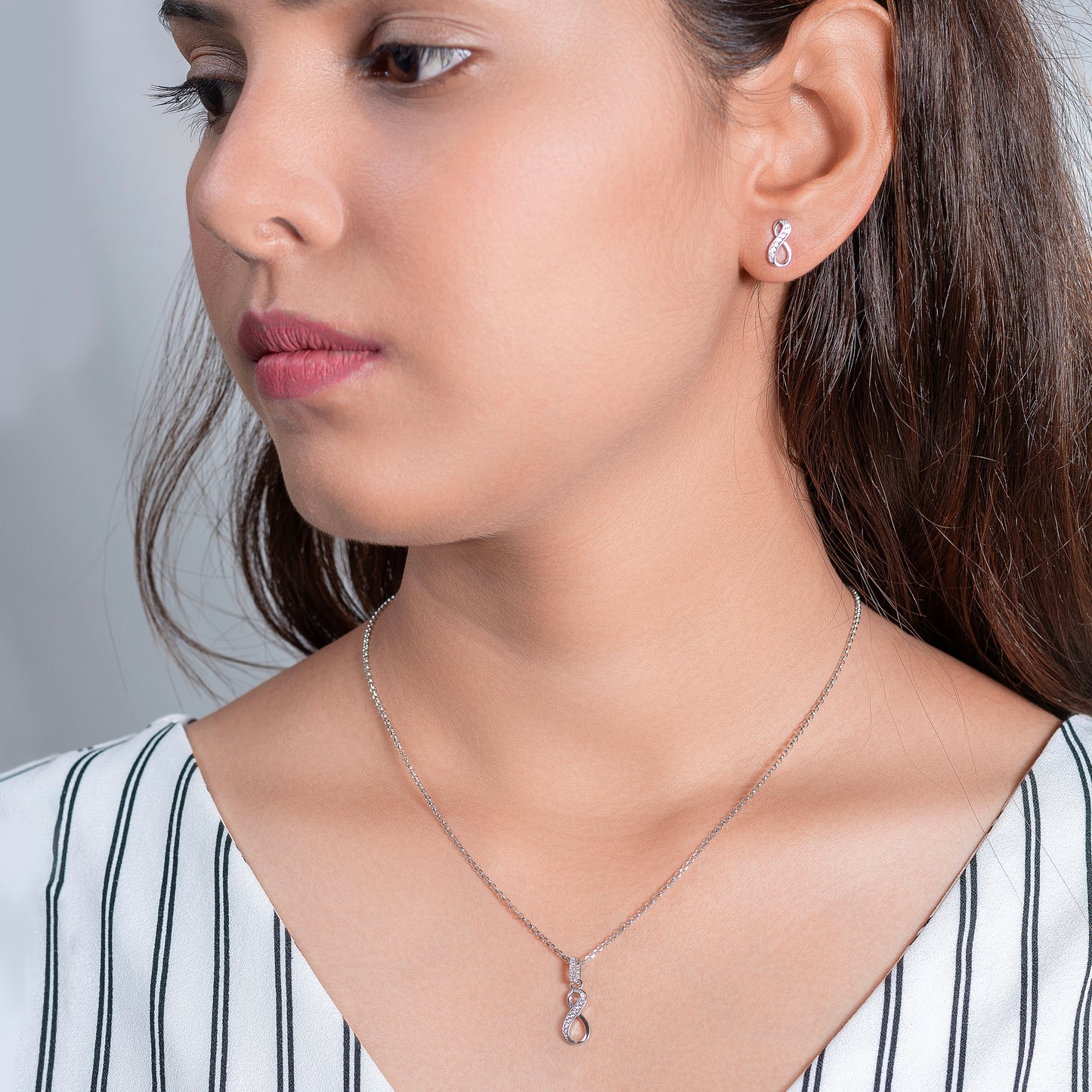 Silver Infinity Pendant and Earring Set with Diamond Accents