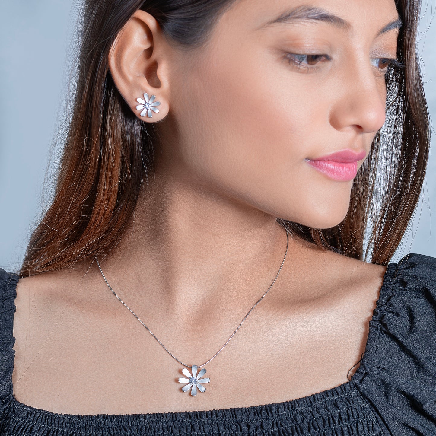Silver Daisy Pendant and Earring Set with Diamond Centers