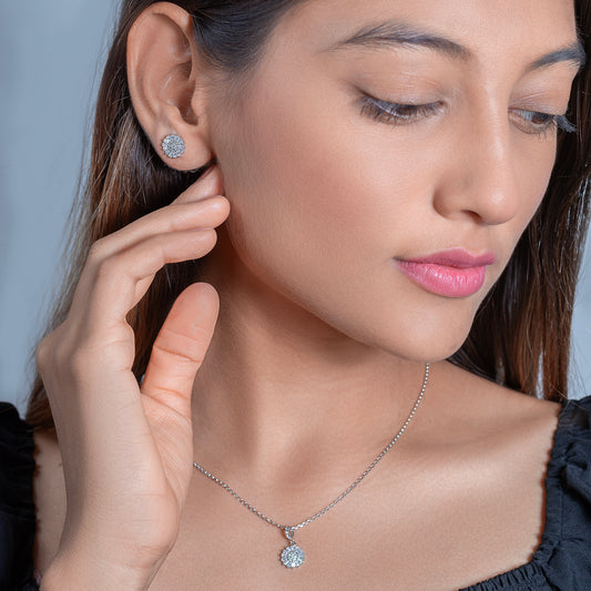 Silver Sunburst Pendant and Earring Set with Diamonds
