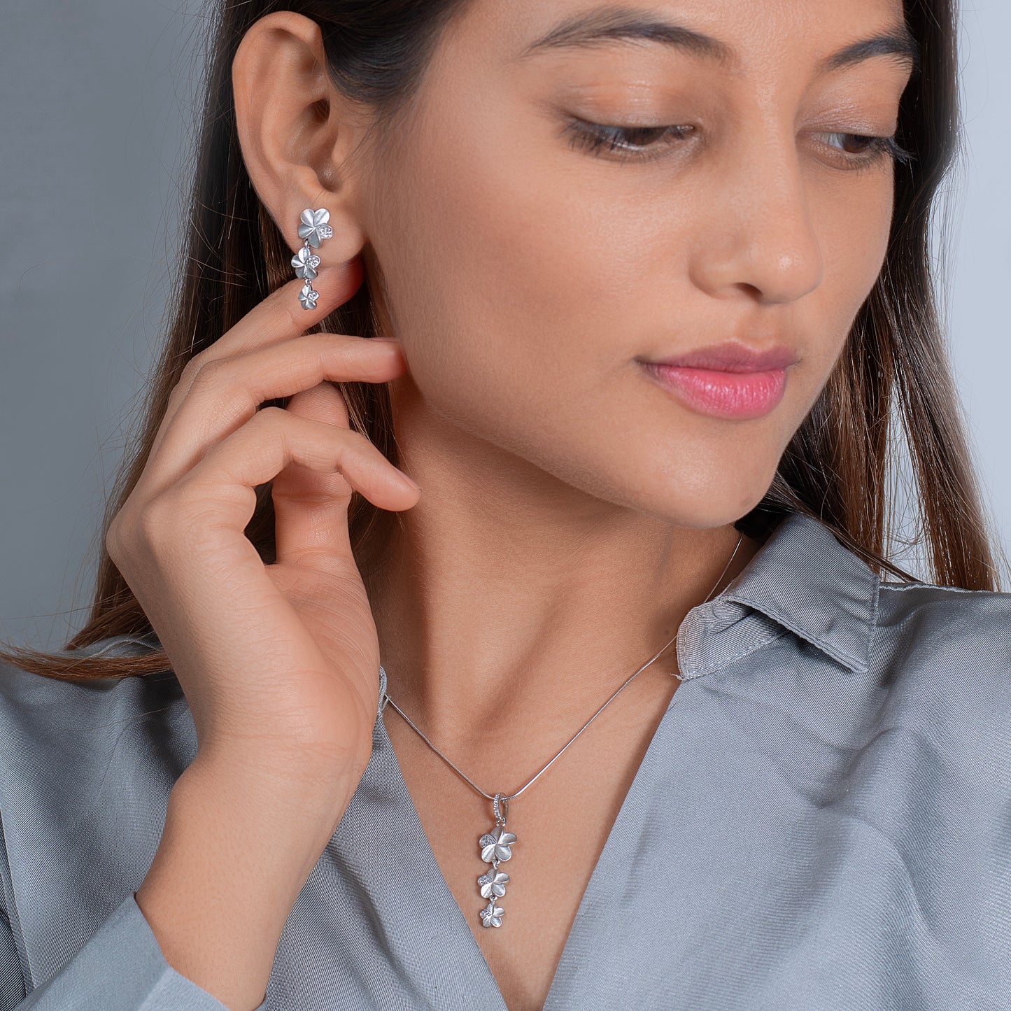 Silver Flower Cascade Pendant and Earring Set