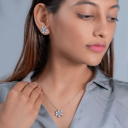 Silver Floral Pendant and Earring Set