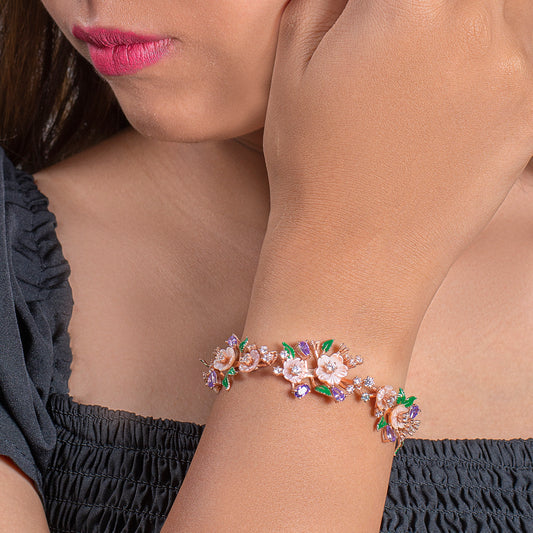Rose Gold Floral Bracelet with Amethyst and Enamel Accents
