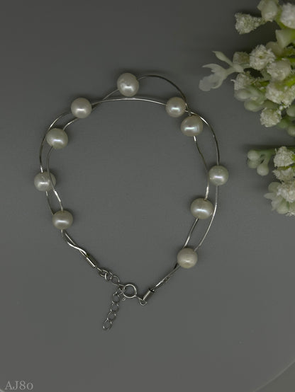 Duo Lumière: Sterling Silver Double Strand Bracelet with Pearls