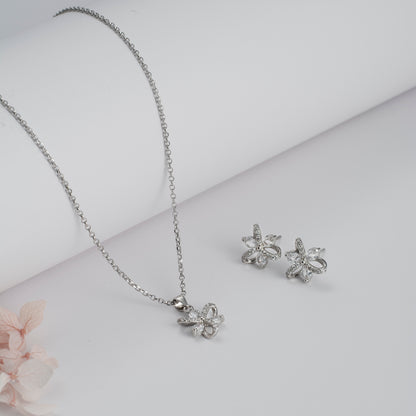 Silver Butterfly Pendant and Earring Set with Diamond Accents
