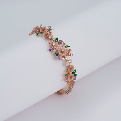 Rose Gold Floral Bracelet with Amethyst and Enamel Accents