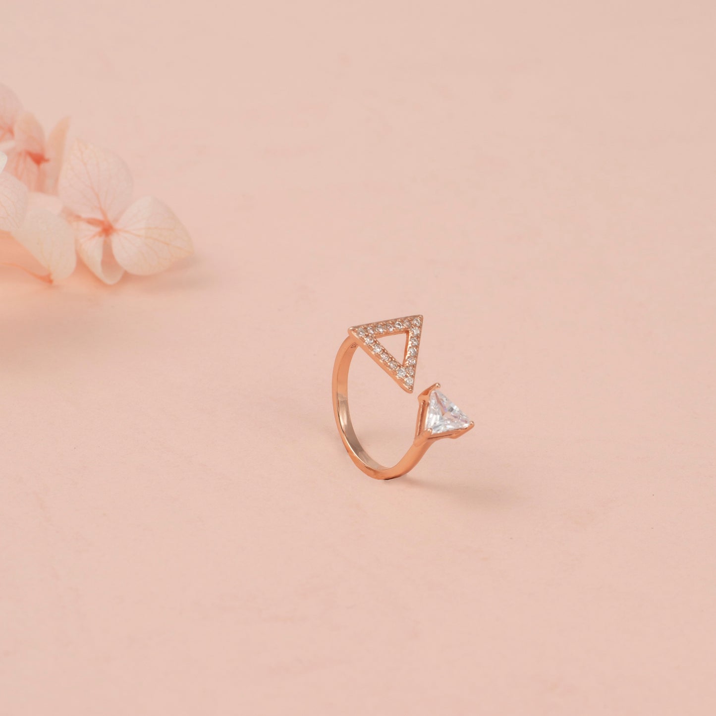 Rose Gold Geometric Triangle Ring with Diamond Accents