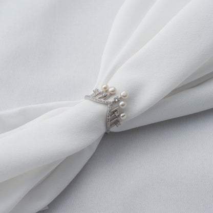 Silver Crown Ring with Pearls and Diamonds
