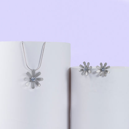Silver Daisy Pendant and Earring Set with Diamond Centers