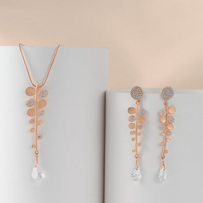 Rose Gold Vine Drop Pendant and Earring Set with Crystal Accents