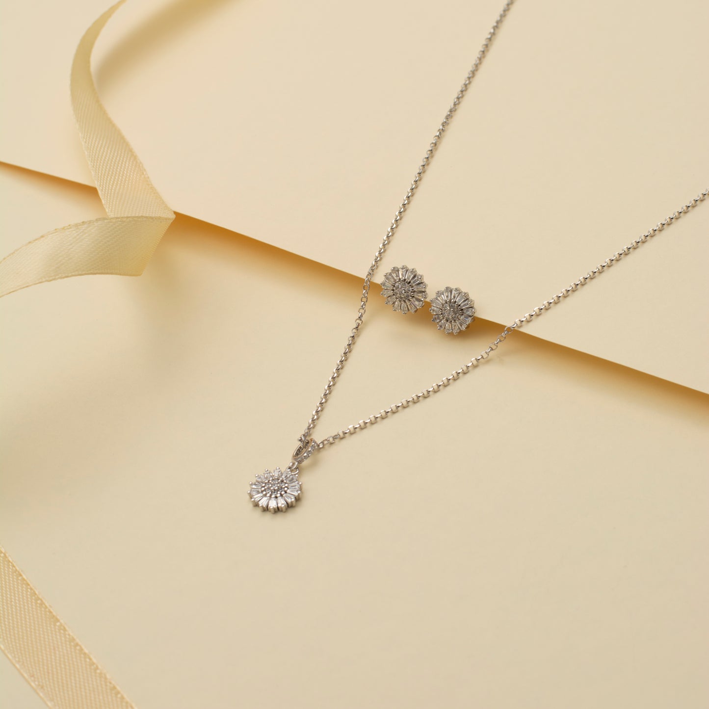 Silver Sunburst Pendant and Earring Set with Diamonds