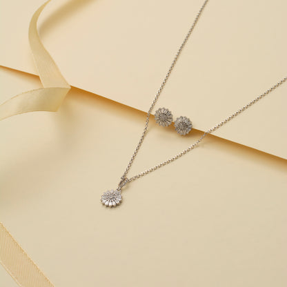 Silver Sunburst Pendant and Earring Set with Diamonds