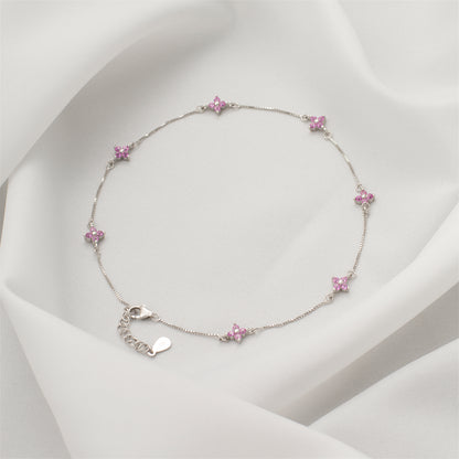 Silver Anklet with Pink Diamond Floral Charm