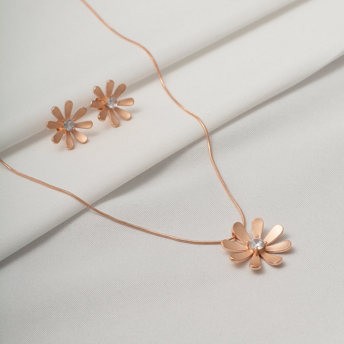 Rose Gold Daisy Pendant and Earring Set with Diamond Centers