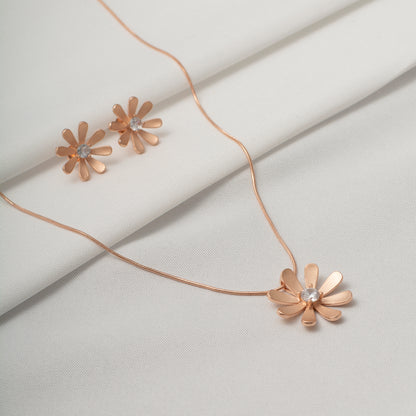 Rose Gold Daisy Pendant and Earring Set with Diamond Centers