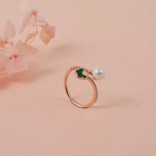 Rose Gold Stacking Rings with Green Enamel and Pearl