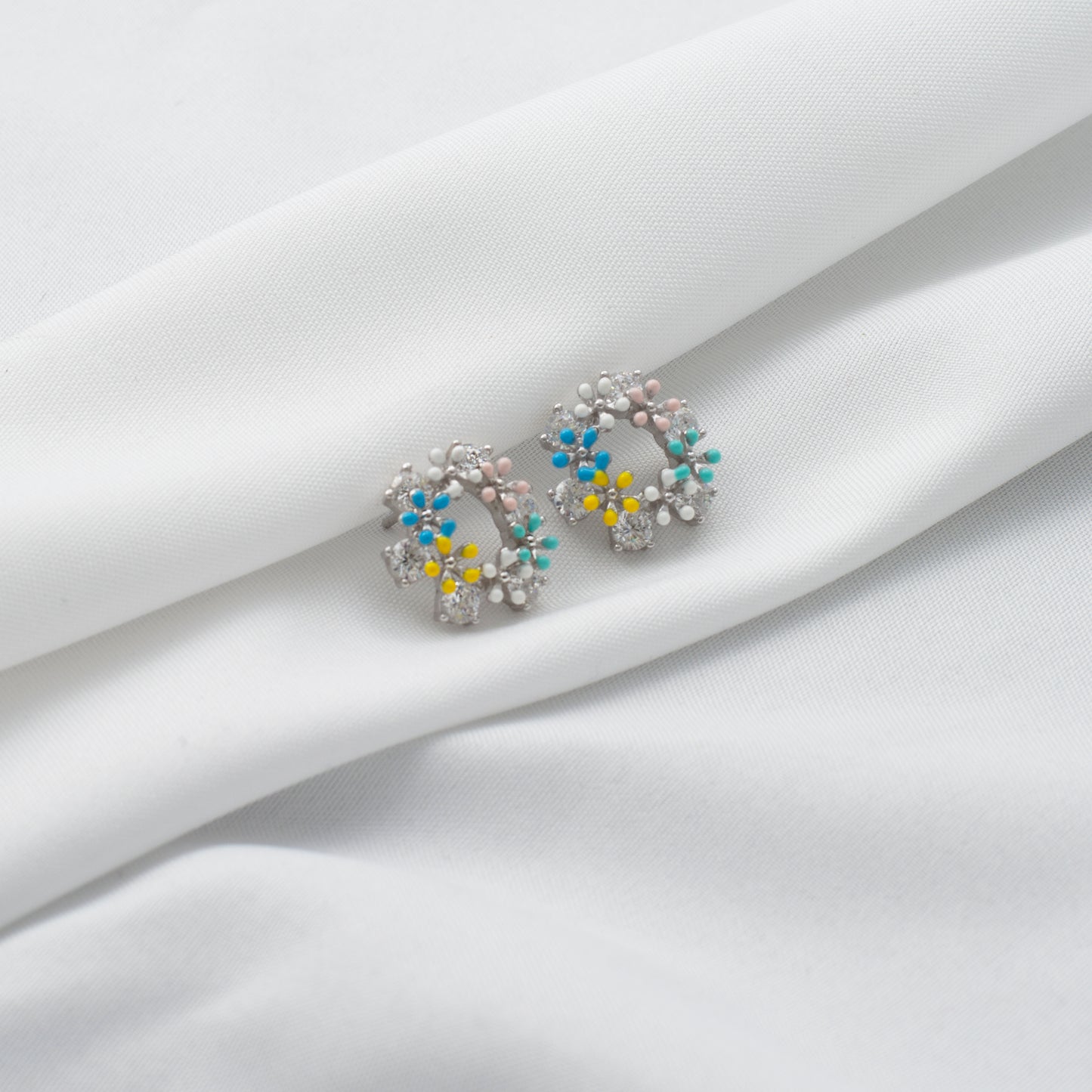 Multi-Floral Diamond Silver Earrings